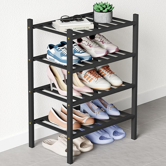 Smiry Bamboo Shoe Rack for Closet, 4 Tier Small Wooden Stackable Shoe Organizer, Free Standing Shoes Storage Shelf for Entryway, Front Door Entrance, Black