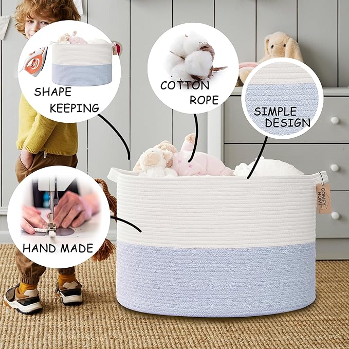 COMFY-HOMI XXXL Large Laundry Basket, Cotton Rope Nursery Woven Basket for Storage, Blanket Baskets Living Room Laundry Hamper, Dog Toy Storage Organizer, Home Decor-21''x21''x13.6''-White/Blue