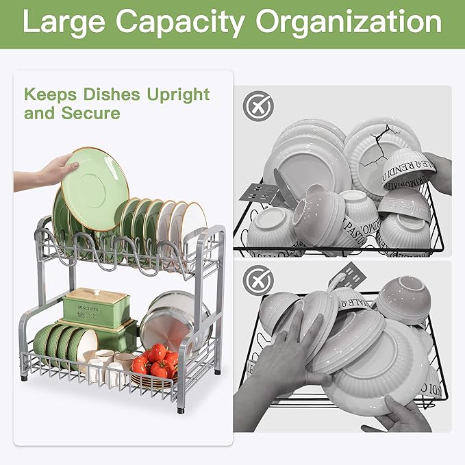 2 Tier Stainless Steel Large Capacity Dish Drainers Drying Rack for Kitchen Counter, Metal Gray Rust Proof Plate Strainers Holder On Countertop with Drainboard Tray, Space Saving, Aesthetic Modern