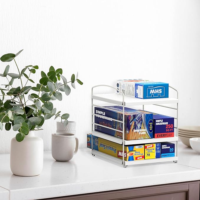 Simple Houseware Kitchen Wrap Organizer Storage Height Adjustable Rack, White