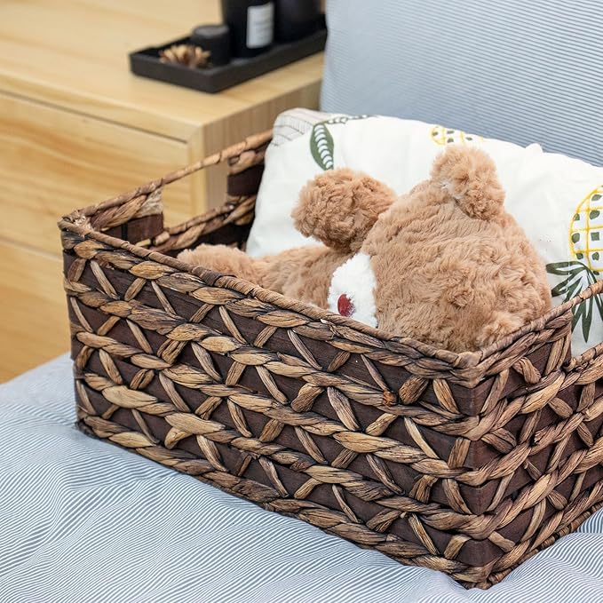 Rectangular Wicker Storage Basket with Iron Structure & Wood Accents, 15.75Ã11.42Ã7.09 Inches, Perfect for Home Organization