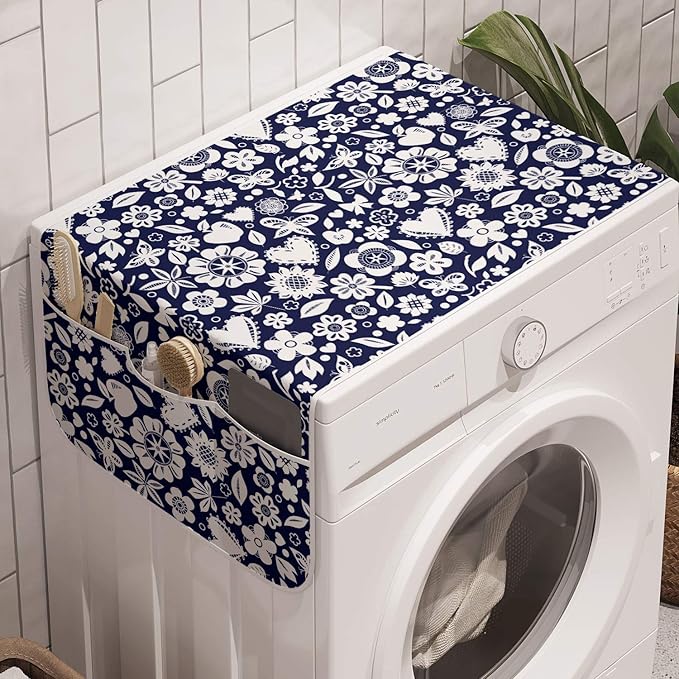 Ambesonne Navy Blue Washing Machine Organizer Pack of 2, Multi Designed Pattern with Hearts Butterflies Leafs and Dots Image, Anti-Slip Cover for Washers Dryers, 47" x 18.5", Dark Blue