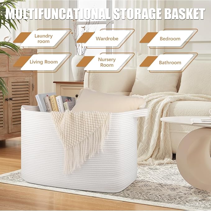 118L Extra Large Blanket Basket, 24.8"x17.7"x16.2" Woven Rope Baskets for Storage, Nursery Blanket Storage for Living Room, Toy Basket with Handle Organizing Comforter Cushions Pillows, White