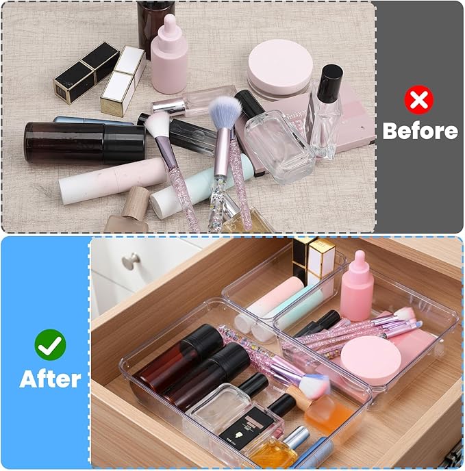 Clear Drawer Organizer, 12 Pack Large plastic Set, 3 Size Versatile Bathroom and Clear organizer bins,Vanity Organizer Trays, Storage Bins for Makeup, Bedroom, Kitchen Utensils