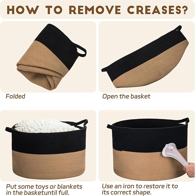 XXXLarge Woven Cotton Rope Basket (21.7" x 13.8") – Blanket Basket for Living Room, Laundry Hamper, Baby Laundry Hamper, Toy Storage, Pillows & Cushions Organizer (Black&Brown)