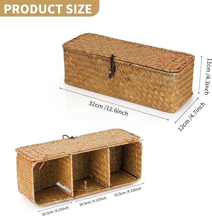 3 Compartment Storage Woven Basket with Lid, Rectangular Wicker Baskets Organizer for Bathroom Counter, Seagrass Woven Storage Baskets for Toilet Paper (12.6x4.7x4.3 inch)