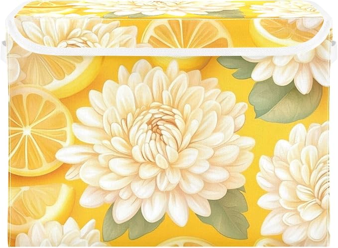 Yellow Chrysanthemum Flowers and Lemon Slices Collapsible Storage Bins with Lids Decorative Fabric Cubes Closet Organizer Basket Boxes Containers for Clothes Box Chest Nursery Foldin