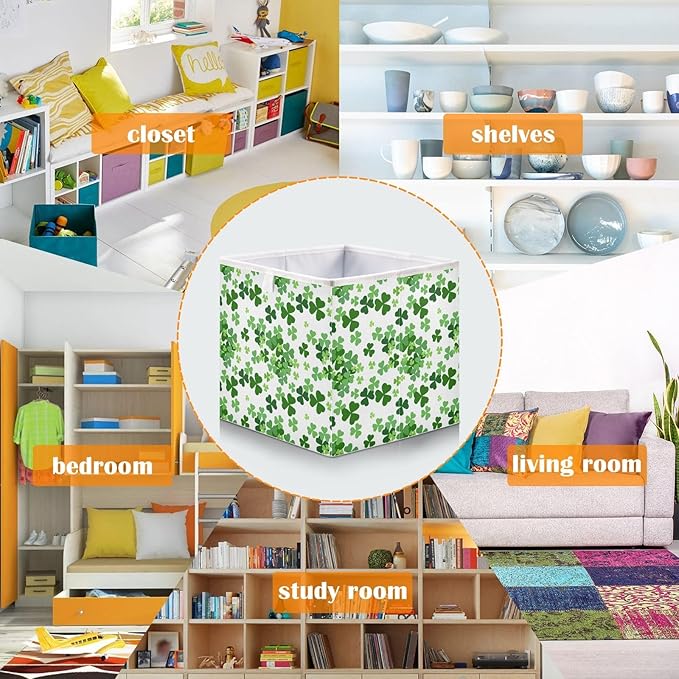 Bolaz Lucky Clover Shamrocks Closet Organizers Storage Cubes Storage Bins Shelf Baskets Containers for Home Room Office,Square