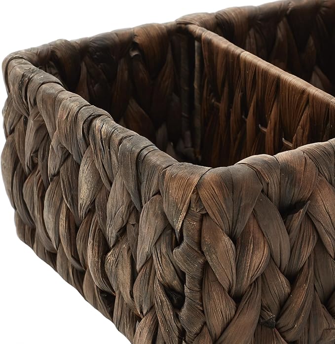 Casafield Set of 2 Water Hyacinth Basket Organizers with 4 Sections, Espresso - Woven Storage Bins for Bathroom, Laundry, Pantry, Office, Shelves