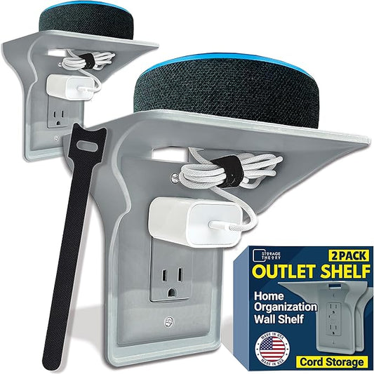 BeraTek Power Perch Wall Outlet Shelf | Declutter & Reclaim Counter Space | Bedroom & Bathroom Organizing Shelves | Alexa Echo Dot Holder, Router Shelf, Holds Electric Toothbrush | Gray, 2-Pack