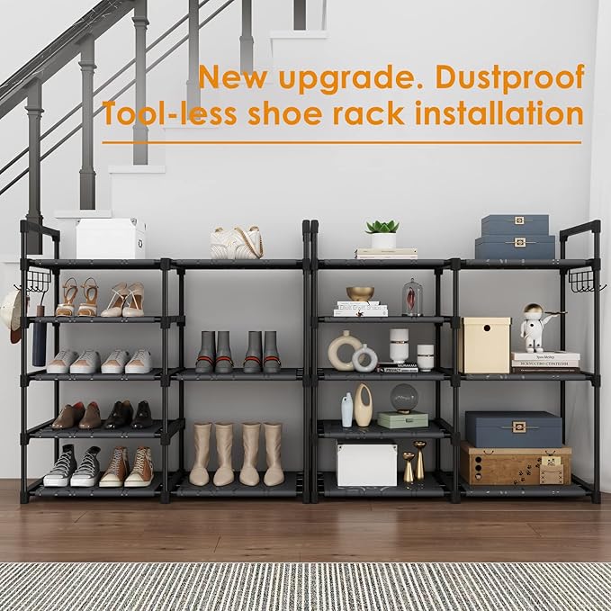 Black Tubes Closet Shoe Rack, Boot Rack, 5 Tier Oxford Fabric Shelf, Easy Assembly, Sturdy and Durable, Holds Up to 30 lbs
