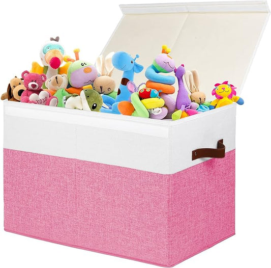 Large Toy Box with Lid, Sturdy Toy Storage Chest Bin Boxes Organizer Basket with Dividers for Toddlers, Kids, Boys, Girls, Nursery, Closet, Bedroom, Playroom 25"x13" x16" (Pink and White)