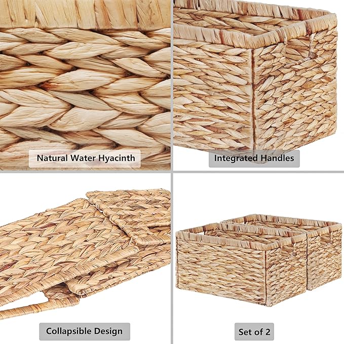 Vagusicc Wicker Storage Basket, Set of 2 Hand-Woven Water Hyacinth Storage Baskets for Organizing, 17 inch Large Wicker Basket for Shelves, Foldable Cube Organizer Bins for Bathroom
