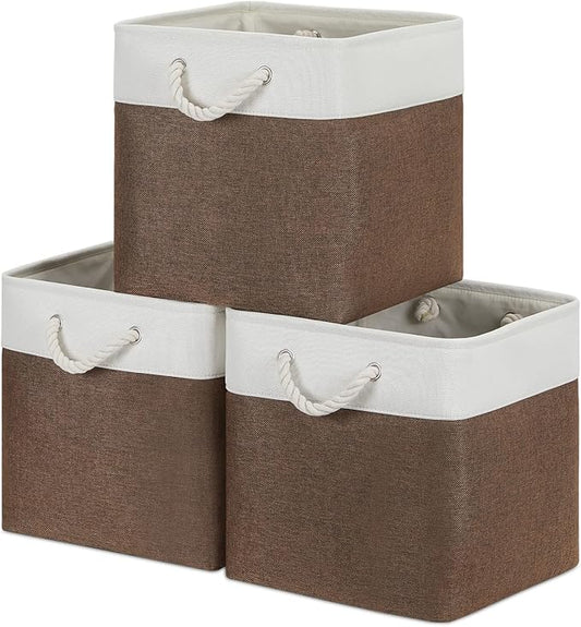 Bidtakay Collapsible Rustic Cube Storage - Brown Cloth Baskets with Handles, 13x13x13 Inch, Set of 3 Fabric Storage Bins