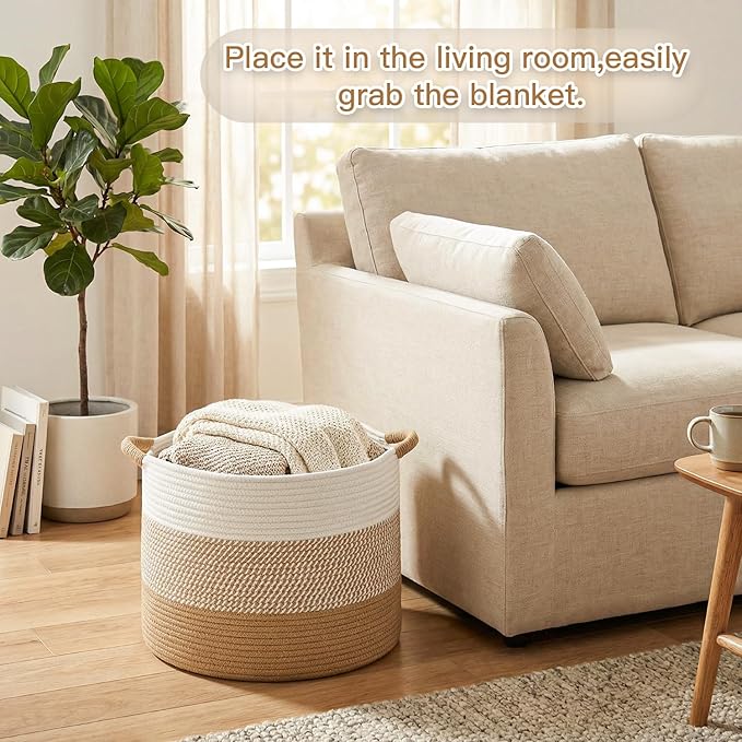 100L Large Cotton Rope Basket, Decorative Woven Blanket Storage for Living Room, Boho Toy Storage & Toy Box for Kids, Versatile Laundry Basket & Nursery Hamper for Blankets(Brown)