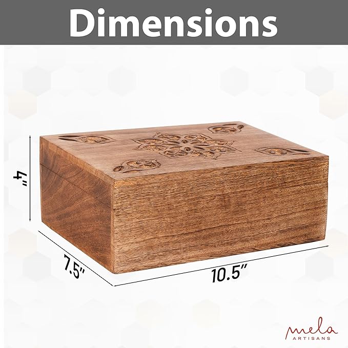Mela Artisans Wooden Keepsake Box | Burnt Mango Wood Memory | Photo Storage Box with Hinged Lid | Decorative Storage Box | Extra Large | 10.5x7.5x4 Inch