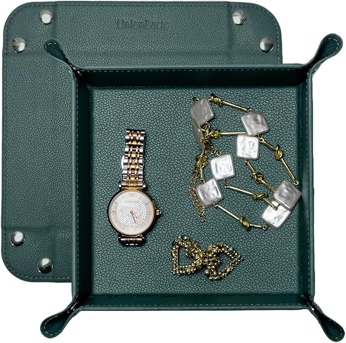 UnionBasic Small Valet Tray, Jewelry Tray for Rings Watches Earrings, Entryway Catchall Caddy for Coins Keys Change, Nightstand Bedside Valet Holder, Trays for Electronic Gadgets, Lychee Dark Ivy