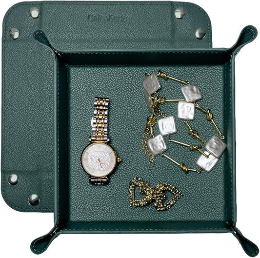 UnionBasic Small Valet Tray, Jewelry Tray for Rings Watches Earrings, Entryway Catchall Caddy for Coins Keys Change, Nightstand Bedside Valet Holder, Trays for Electronic Gadgets, Lychee Dark Ivy