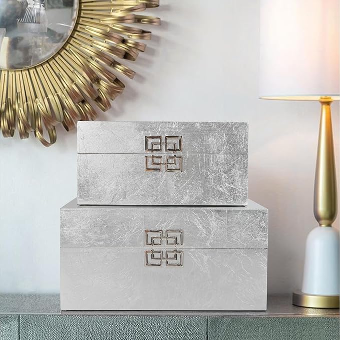 Elegant Decorative Storage Boxes with Hinged Lid - Classic Wooden Organizers with Geometric Clasp - Set of 2 for Home & Office (Foil Silver)