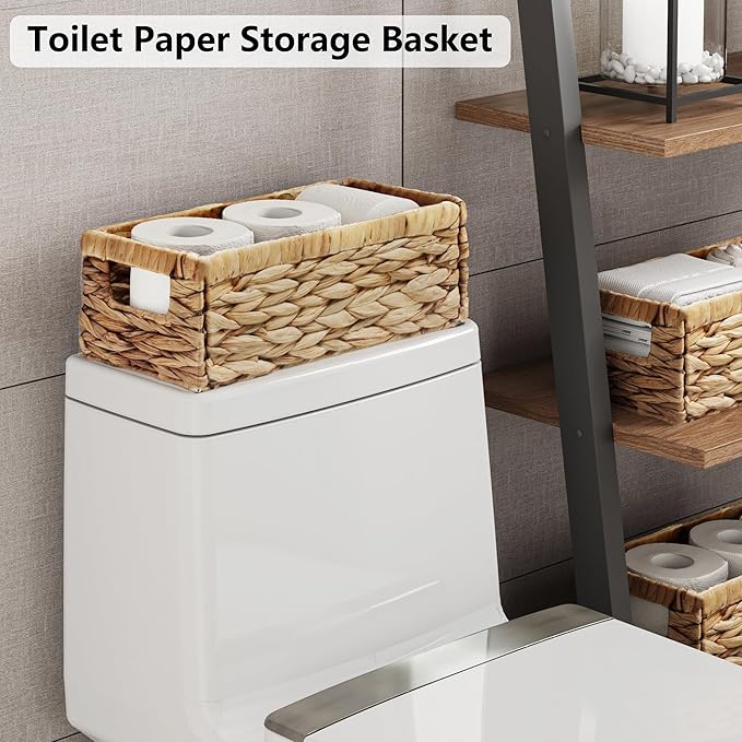 Vagusicc Water Hyacinth Storage Basket Wicker Baskets for Organizing with Handles Decorative Storage Bins for Countertop Toilet Paper Basket for Toilet Tank Top Small Baskets (11.4x6.1x4.6 in, 2 Pack)