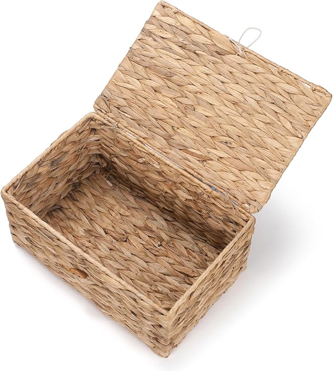 3 Pack Wicker Storage Basket with Lid, Water Hyacinth Baskets, Woven Basket for Shlef, Decorative Storage Boxes for Organizing
