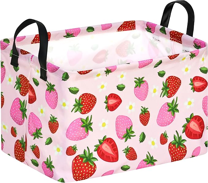 Strawberry Print Storage Box Girls Gifts Basket Clothes Hamper Basket Collapsible Organizer Bin Gift Shelf Baskets for Home and Kitchen Storage.