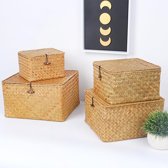 Wicker Shelf Baskets with Lid, Handwoven Seagrass Storage Basket Bins Square Gift Boxes for Shelves Home Decor Organizer (Natural, Medium)