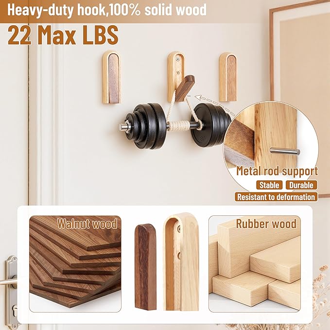 Modern Folding Wall Hooks: Wooden Coat Hooks 3 Pack for Small Space Entryway Behind Doors - Mid Century Decorative Hanger for Hanging Towels Backpacks Bag Hats (Walnut Wood & Rubberwood)