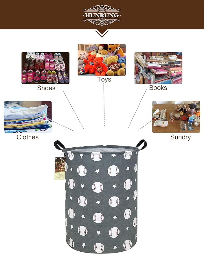 HUNRUNG Laundry Hamper,Large Canvas Fabric Lightweight Storage Basket Toy Organizer Dirty Clothes Collapsible Waterproof for College Dorms, Children Bedroom,Bathroomï¼Round-Grey Baseballï¼
