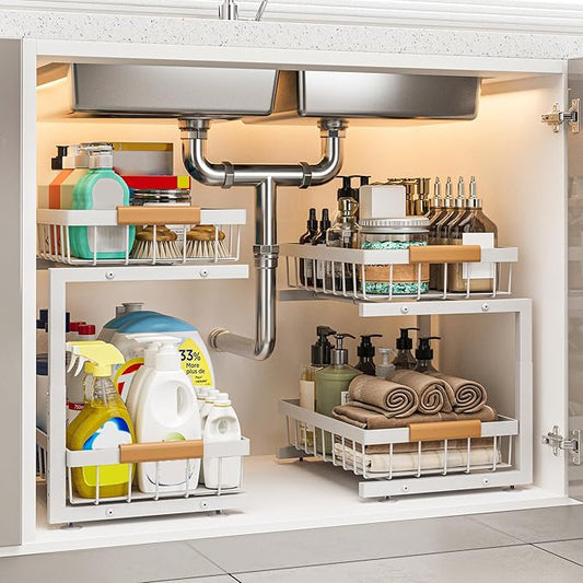 Under Sink Organizer, 2 Pack 2 Tier Expandable Height Under-Sink Bathroom Kitchen Organizers And Storage