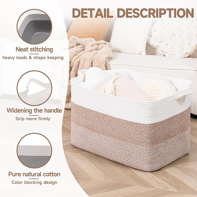 CLHMILY&Z Stylish Square Cotton Rope Storage Basket (Brown & White, 110L)