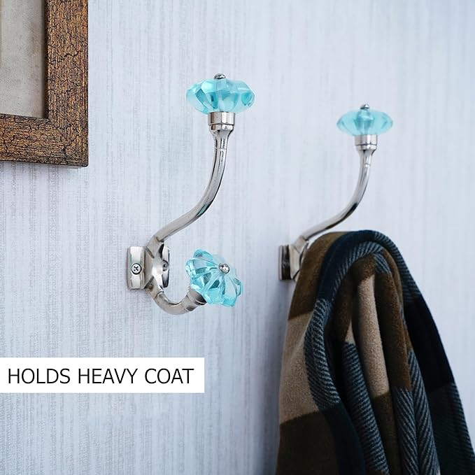 Indian Shelf Pack of 12 Heavy Duty Colorful Crystal Double Prong Glass Decorative Wall Hooks Unique Coat Rack Wall Mount Double Hooks for Hanging Towel Hooks for Bathrooms Backpack Purse Hanger