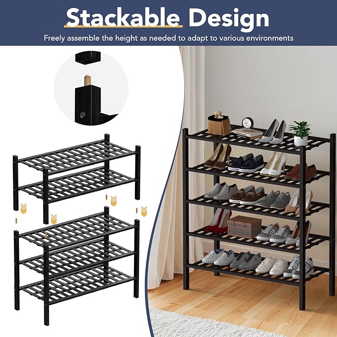 Haddockway 3 Tier Bamboo Shoe Rack Storage Organizer, Multifunctional Free Standing Stackable Shoe Shelf with Grid Panel for Closet,Hallway,Entryway,Small Space 27"x11"x20"