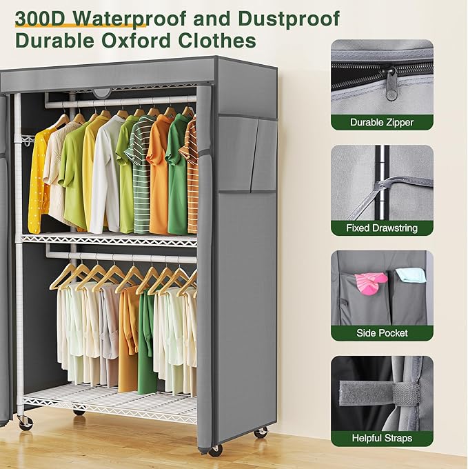 LEHOM G1C Heavy Duty Clothes Rack with Cover, Rolling Garment Rack for Hanging Clothes, Portable Closets with Oxford Fabric Cover, Freestanding Clothing Rack on Wheels (White+gray Cover, G1C)