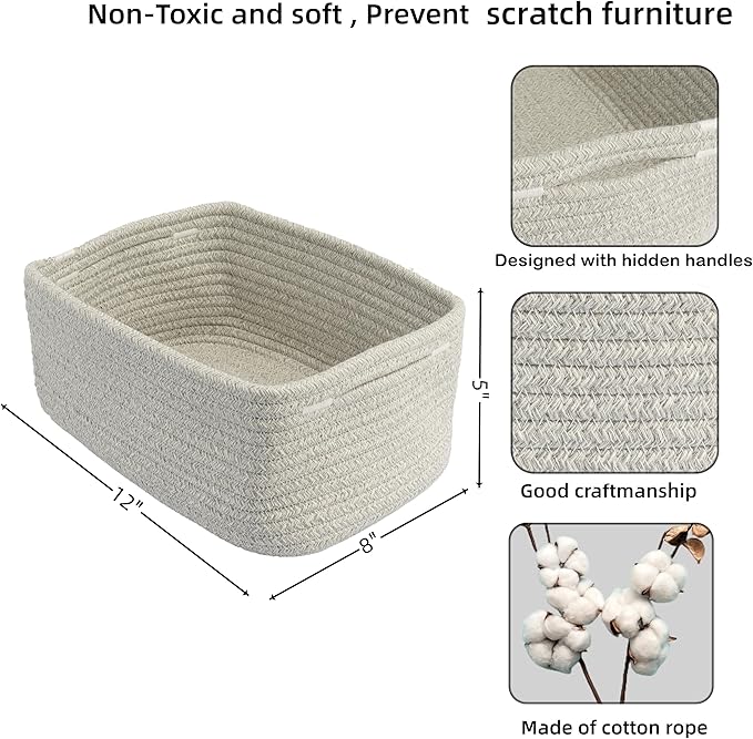 Small Woven Storage Baskets 12“X8”X5“ Decorative Rope Bins for Organizing Shelves, Closets, and Toys, Empty Gift Baskets, Cute Organizer Basket for Home and Office (grey, regular)