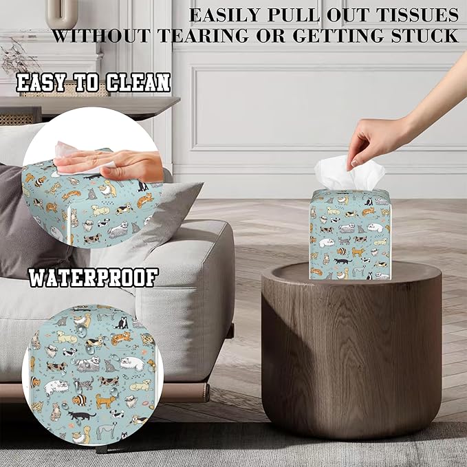 Tissue Box Cover Doodle Cats and Dogs Leather Tissue Box Holder Cube Paper Case Cover Facial Paper Organizer Dispenser for Bathroom, Vanity Countertop, Office Desk