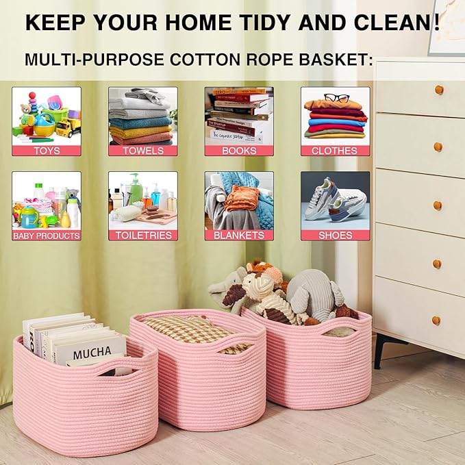 Pink Storage Baskets for Organizing Shelves, Woven Cotton Rope Baskets for Storage, Toy Basket for Kids, Cute Basket for Shelves Closet, 14.8"×11"×9.5", Pack of 3, Light Pink