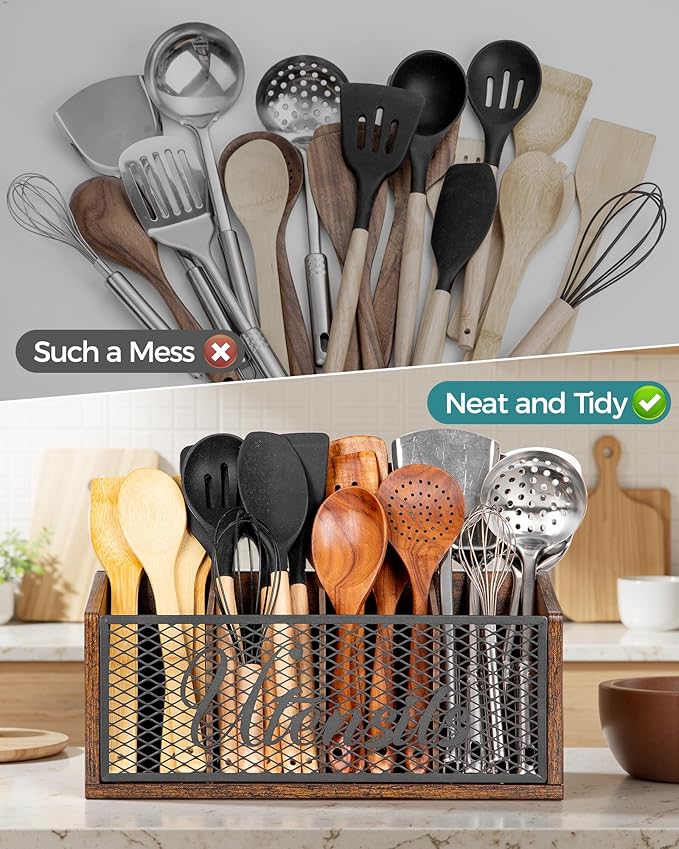 Extra Large Kitchen Utensil Holder with 4 Compartments, Wooden Cooking Utensil Holder for Counter, Farmhouse Utensil Organizer for Countertop, Spatula Holder, Rustic Kitchen Decor, Brown