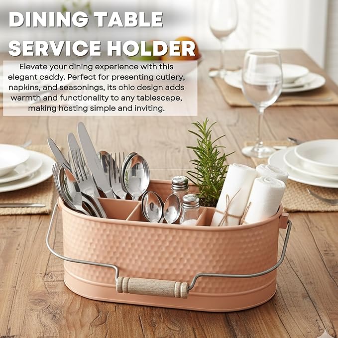 Alpha Living Home Metal Utensil Caddy - 4 Compartment Silverware, Flatware, Cutlery Holder with Handle - Kitchen Organizer for Countertop, Buffet, Picnic, BBQ, Farmhouse(Peach)