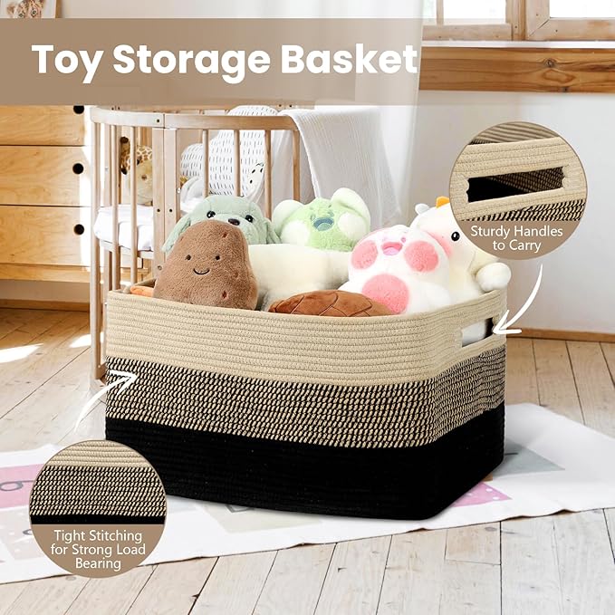 75L Large Blanket Basket, Woven Storage Baskets with Reinforced Handles, Rope Laundry Basket for Living Room, Bedroom, Nursery, Toys, Clothes, Pillows, 22â x 17â x 11.5â, Black & Brown