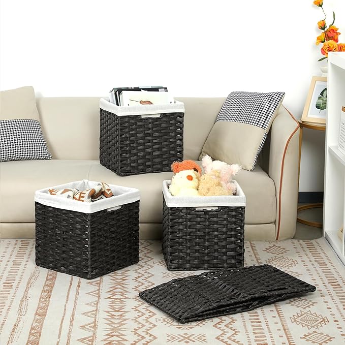 Bidtakay Black Wicker Cube Baskets 11 inch 4 Pack Waterproof Hand-Woven Storage Baskets for Organizing Pantry Bedroom