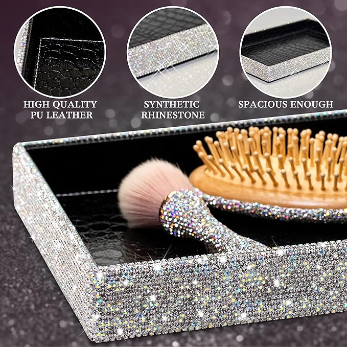TISHAA Bling Decorative Tray Holder â Makeup Cosmetic Jewelry Ring Key Display Dish Plate Storage Organizer Crystal Rhinestone Glitter Vanity Bathroom Bedroom Home Decor (White)