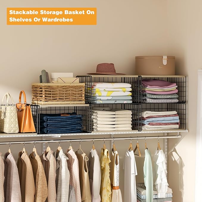 Extra-Long, Low-Profile Closet Organizers and Storage with Wood Top, 4 Tier Stackable Closet Shelf Organizer, Space-Saving Clothes Storage Bin for Wardrobe & Small Spaces, Sturdy(2 Pack Black)