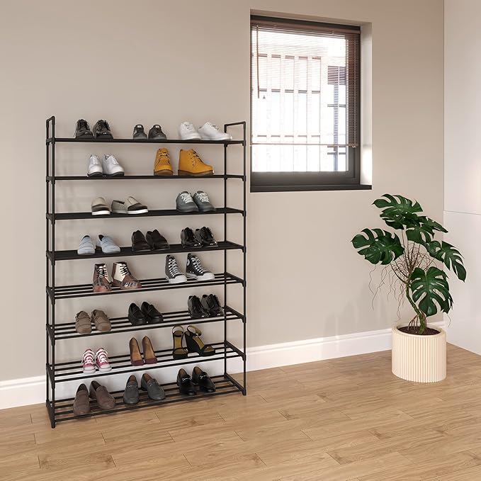 Shoe Rack - 8-Tier Shoe Organizer for Closet, Bathroom, Entryway - Shelf Holds 40 Pairs Sneakers, Heels, Boots by Home-Complete (Black)