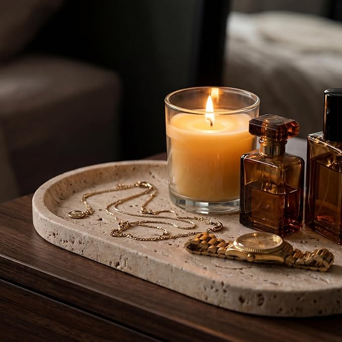YKAJO 100% Natural Travertine Stone Tray, Unsealed Beige Marble Vanity Tray for Bathroom & Perfume, Raw Honed Finish Organizer for Jewelry, Candle & Coffee Table Decor, 11.6" L (Wabi-Sabi Aesthetic)