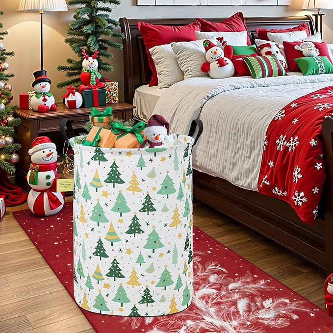 HUNRUNG Laundry Hamper,Large Canvas Fabric Lightweight Storage Basket Toy Organizer Dirty Clothes Collapsible Waterproof for College Dormsï¼Round-Green treeï¼