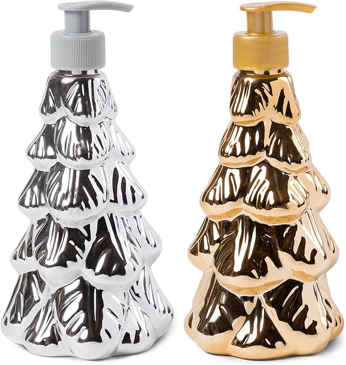 Simple Pleasures Metallic Christmas Tree Set of 2 Holiday Soap Dispenser with Scented Liquid Soap - Decorative Hand Pump Refillable Soap Dispensers for Kitchen and Bathroom Sinks