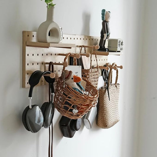Wooden Pegboard Modular Display Organization Storage Wall Hooks Shelf (Birch Colored Finish-B)