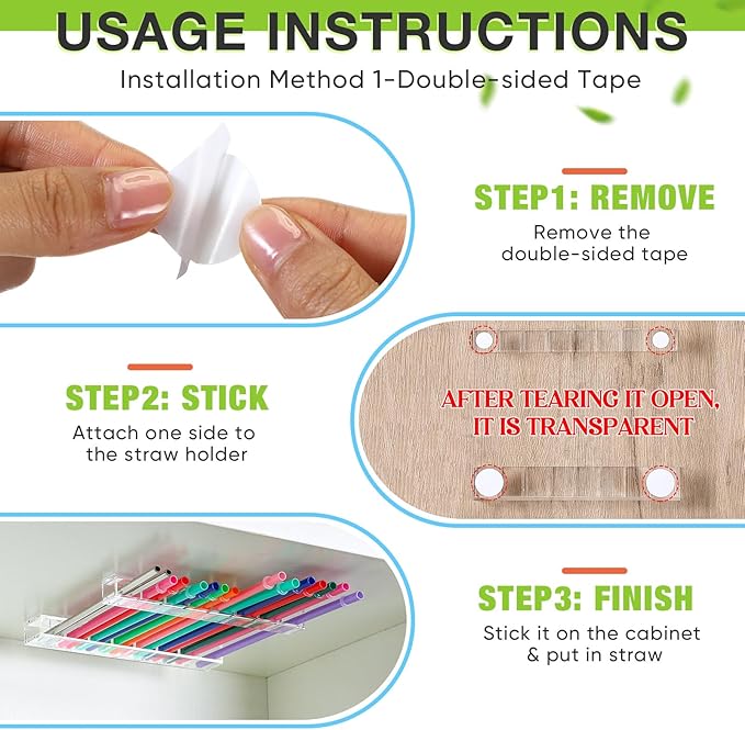 Baderke Straw Holder for Cabinet Reusable Straw Organizer with Double Sided Adhesive Tape Screws Storage Container for Kitchen Counter Cupboard(Clear,Novel)