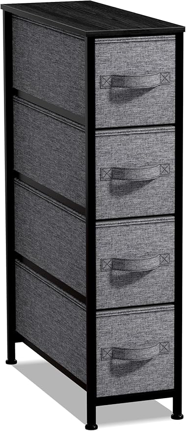 Sorbus Narrow Dresser with 4 Drawers - Vertical Slim Storage Chest of Drawers with Steel Frame, Wood Top & Easy Pull Fabric Bins for Small Spaces, Closets, Bedroom, Bathroom & Laundry (Black/Charcoal)
